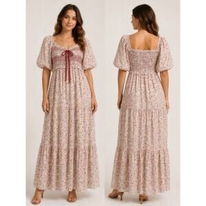 BaeVely Floral Smocked Maxi Dress Cottagecore Puff Sleeve Prairie Medium